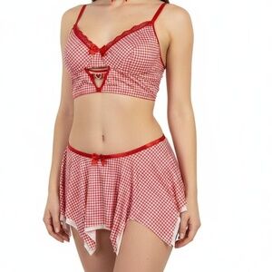 Sexy Women's Plus Size 4XL Red Gingham Lingerie Set‎ Playful Flirty Romantic